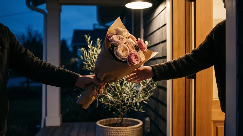 A bouquet of blush roses handed over at a front door at dusk