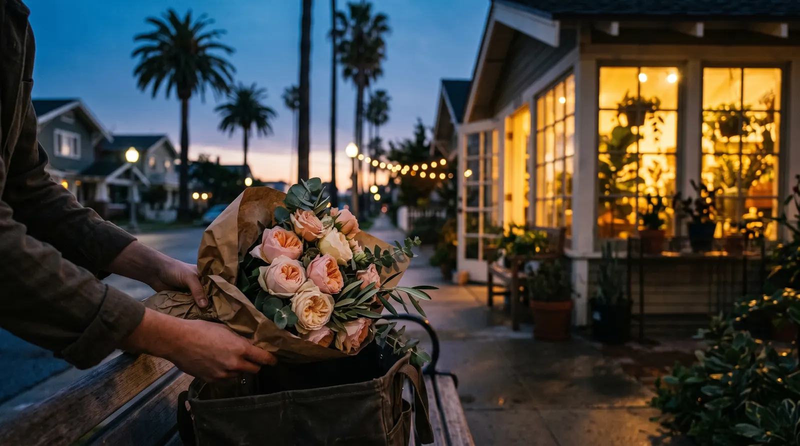 A small flower shop glowing gold at blue hour on a palm-lined street, a bouquet going into a delivery bag
