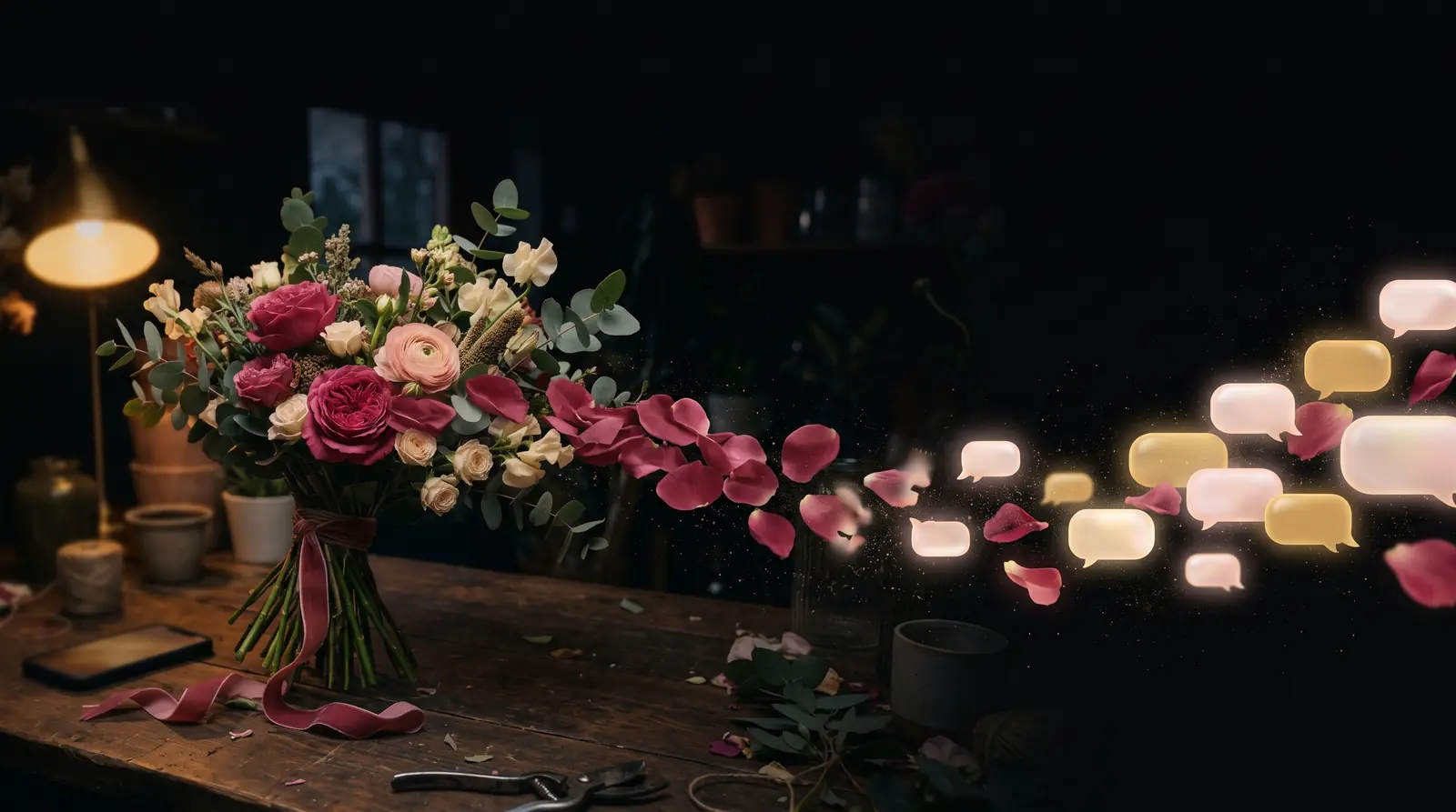 Rose petals drifting past soft message bubbles in the dark