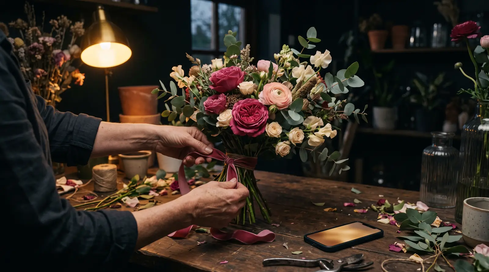 A florist ties a bouquet of garden roses at a wooden workbench, a phone glowing beside the stems